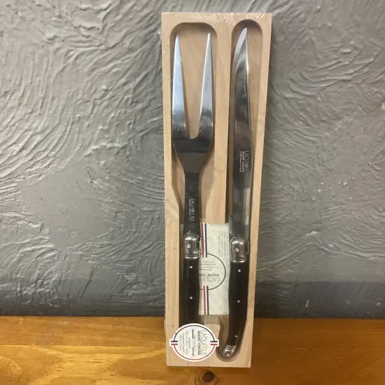 Giftboxed Andre Verdier Laguiole Carving Set with Black Resin Handles.