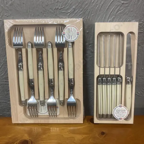 Giftboxed Set of 6 Andre Verdier Laguiole Table Forks & Set of 6 Table Knives with Ivory Resin Handles.