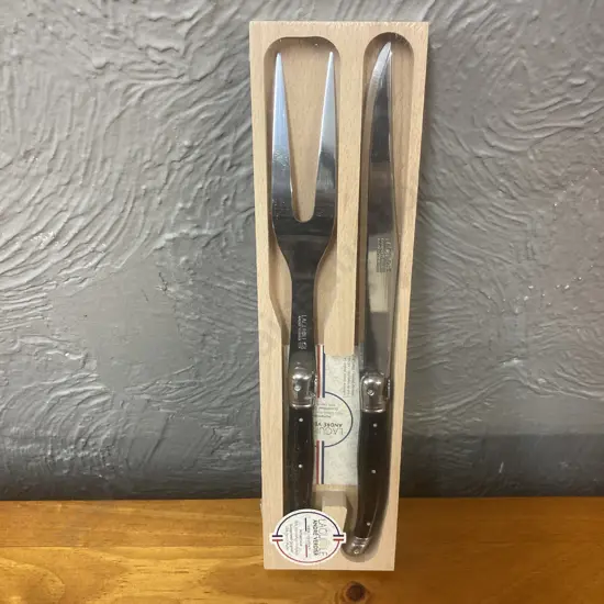 Giftboxed Andre Verdier Laguiole Carving Set with Black Resin Handles.