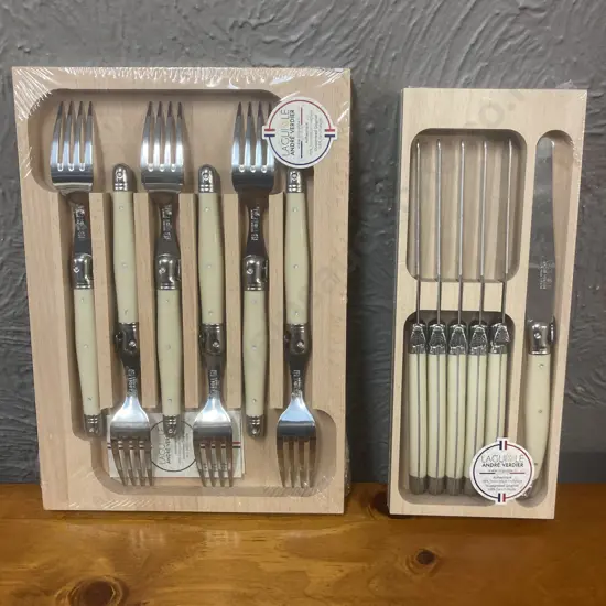 Giftboxed Set of 6 Andre Verdier Laguiole Table Forks & Set of 6 Table Knives with Ivory Resin Handles.