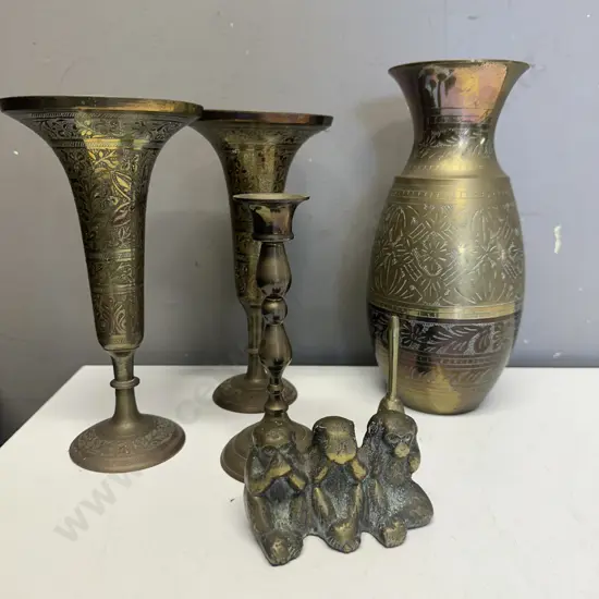 Selection Of Brass Items Including Three Wise Monkeys