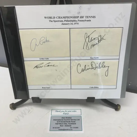 Arthur Ashe, Stan Smith, Ross Case, Colin Dibley Signed Index Cards - World Championship of Tennis, January 24, 1974