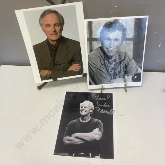 Three Signed Photos - Alan Alda 'Hawkeye', Wayne Rogers 'Trapper' Mike Farrell 'Honeycut' - MASH