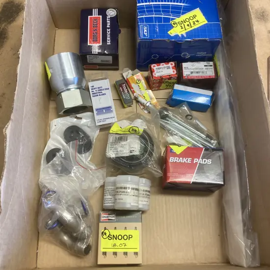 Box lot Car Parts, Spark Plugs, Pipe Fittings Etc