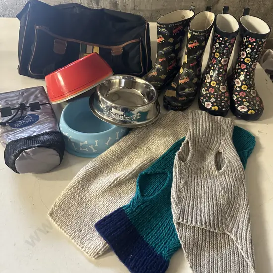 Gumboots, Dog Bowls, Knitted Items Etc(Donated)