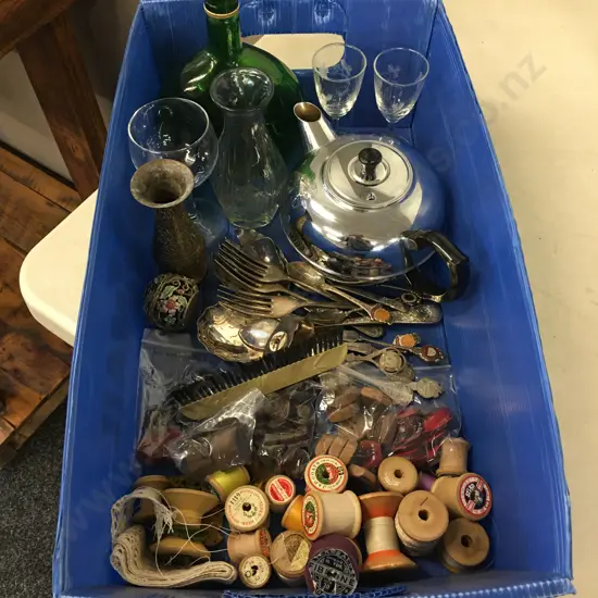 Selection Of Assorted Vintage Items Including Collectors teaspoons, Haberdashery, Teapot Etc