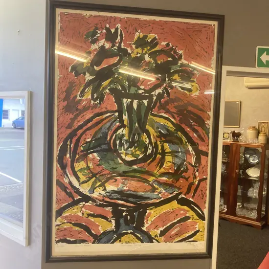 Large Artwork by Lorraine de Vorms '88 Titled 'Red & Yellow Still Life' Coloured Woodcut 6/20, 132 x 89cm, Glass Damaged