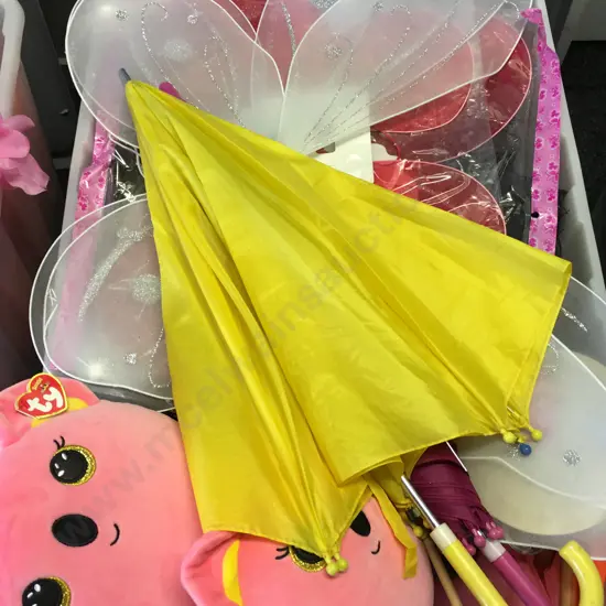 Clear Bin Of Assorted Items Including Umbrellas, Soft Toys Etc