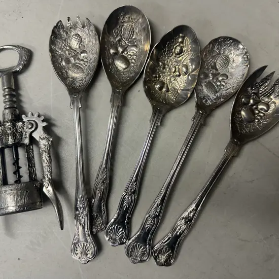Vintage Embossed Fruit Silver Plated Salad Spoons, Forks & Bottle Opener