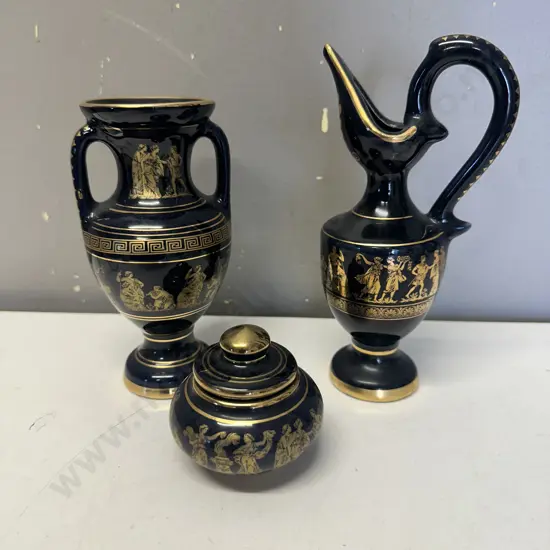 Vintage Handmade Black With 24k Gold Painted Greek Pitcher, Vase & Lidded Dish.