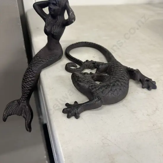 Rustic Cast Iron Mermaid & Lizard Garden Ornaments