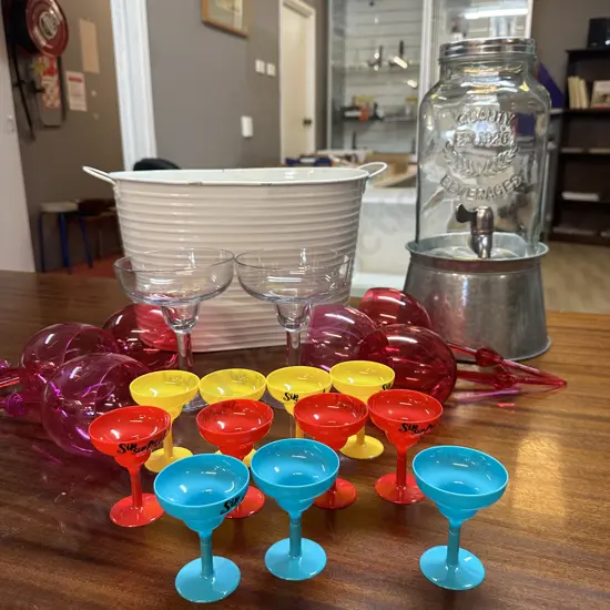 Cream Oval Drinks Bin, Drinks Dispenser, Plastic Beach Glasses Etc