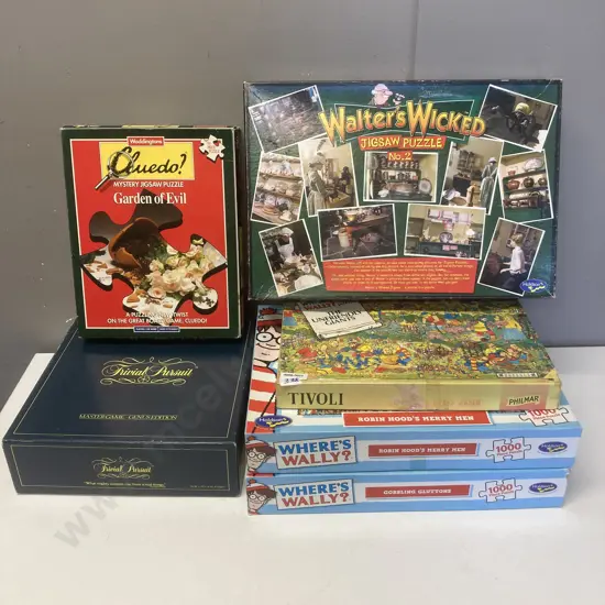 Where's Wally? Jigsaw Puzzles x 3, CLUEDO Garden Of Evil, Walters Wicked No 2, & Trivial Pursuit Mastergame