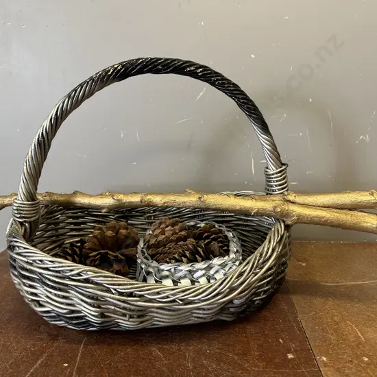 Vintage Spray Painted Baskets With Pine Cones & Logs  