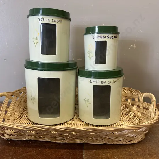 Retro NZ Made Cannisters With Cane Serving Tray