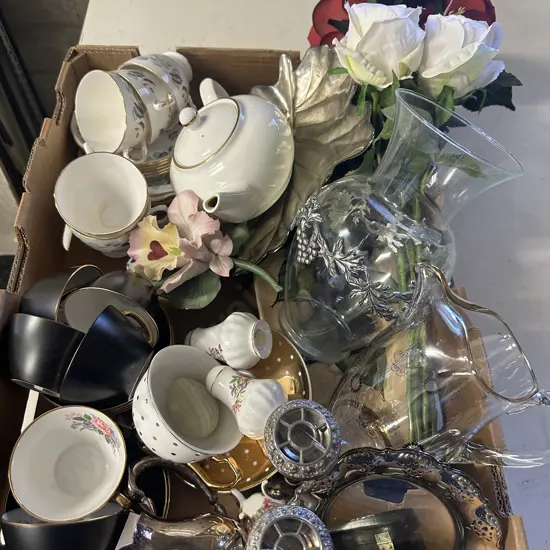 Assorted China items, Silver Ware, Artificial Flowers etc 