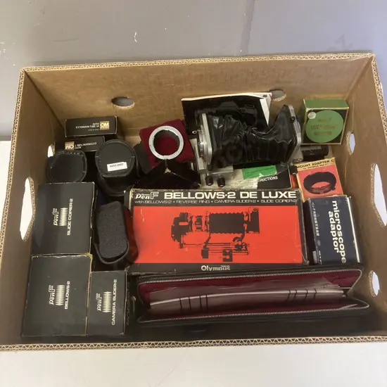 Olympus 250 Film Magazines With Leather Cases, Extension Tubes, Bellows, Manuals Etc