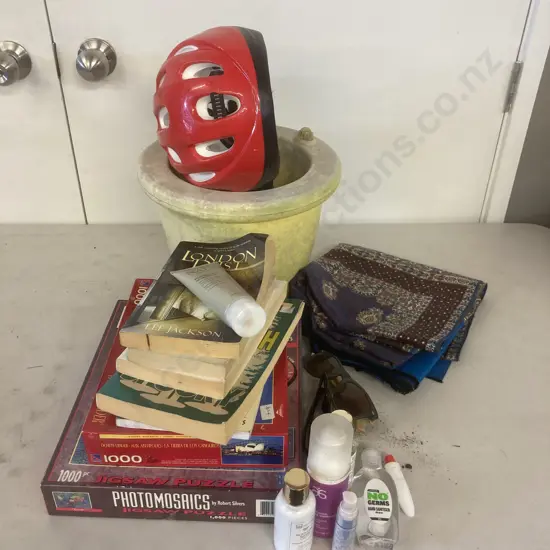 Box Lot - Jigsaws, Helmet, Books Etc