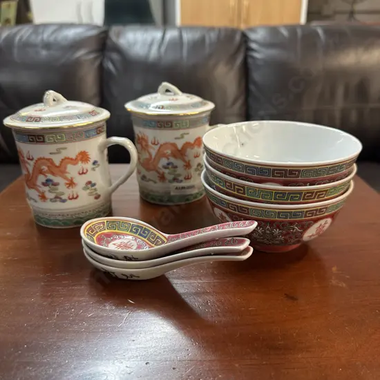 Vintage Mun Shou Longevity Rice Bowls & Spoons X 3 With a Pair of Chinese Porcelain Sold with 16