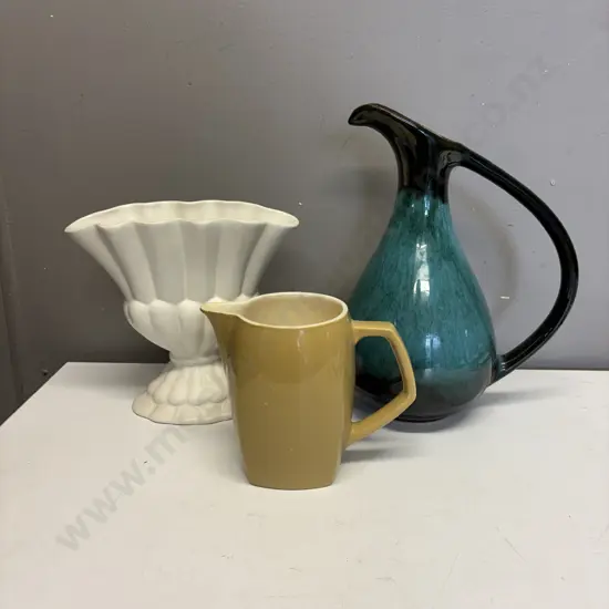 Blue Mountain Jug H27cm, Shorter and Son Fan Vase H18.5cm and Crown Lynn Jug H13cm