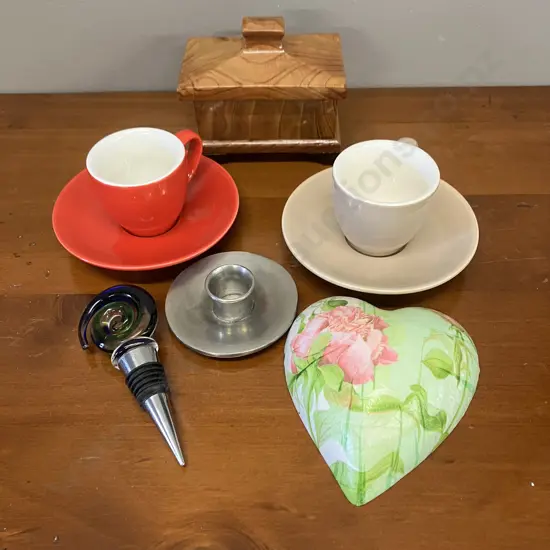 Pair of Maxwell Williams Cafe Culture Cup & Saucers, Art Glass Bottle Stopper, Wooden Box, Etc