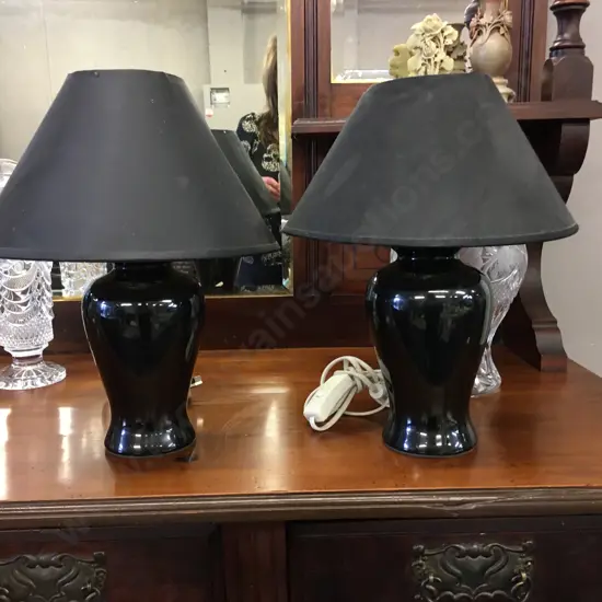 Vintage Table Lamps Black Bases With Black Shades H35cm.
