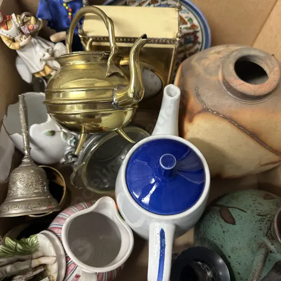 Box Lot Japanese Doll, Pottery, Kienzle Automatic Clock - German (As Found), Bell Etc