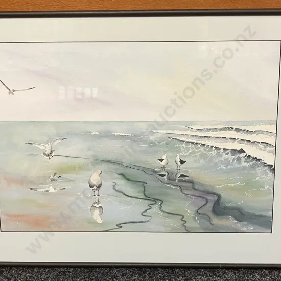 Joan Clark Framed Watercolour Seagulls On A Beach. 53 x 69cm