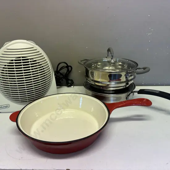 Red & White Enamel Cast Pan, Baccarat Pot & Steamer & Delonghi Heater