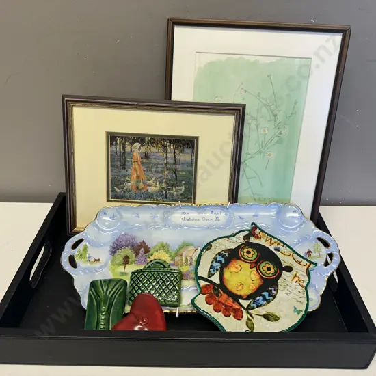 Double Handled Leather Look Tray With Wall Plaques & Art Work