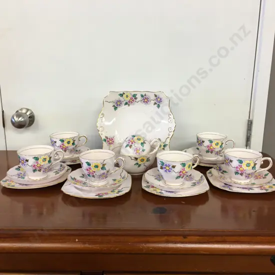 Vintage Tuscan Fine English Bone China Fantasy Pattern Teaware, 23 Piece, Scalloped Gold Rim, Multi Colour Floral