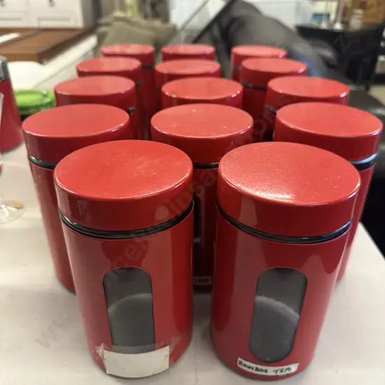 Fourteen Red Colour Lidded Storage Canisters. 18 x 10cm