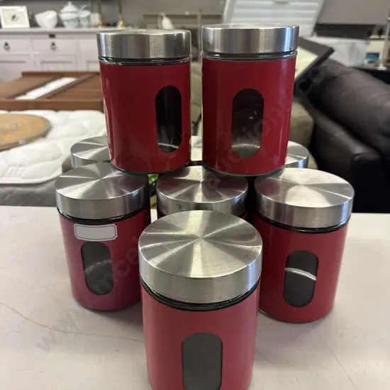 Nine Red Colour Silver Lidded Storage Canisters. 16 x 11cm