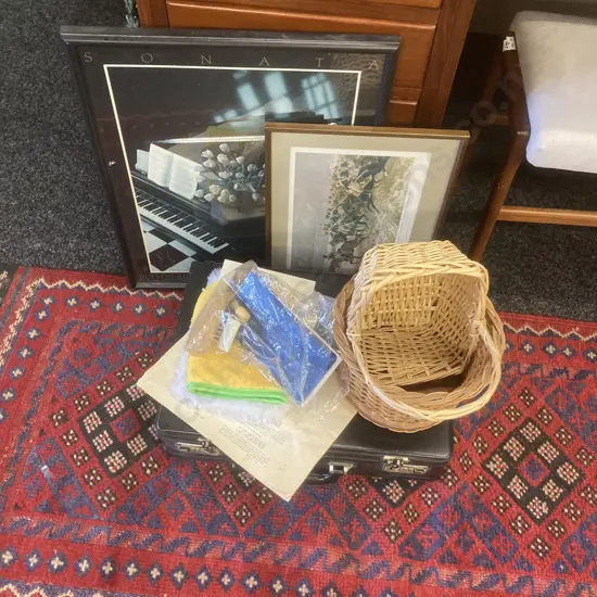 Box lot Briefcase, Artwork, Baskets Etc