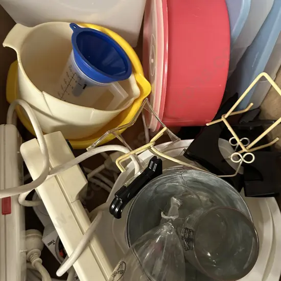 Box lot Plastic Items, Power Boards Etc