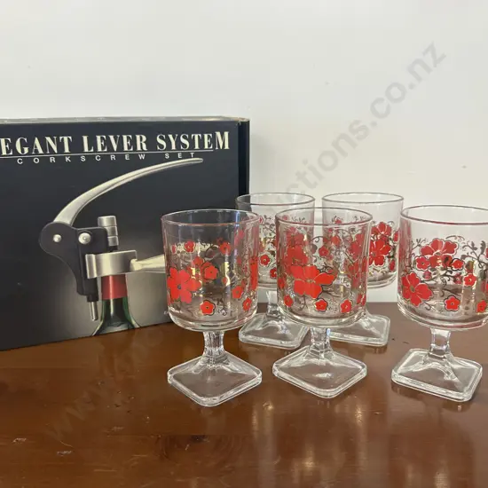 Set of Five Retro Footed Wine Glasses &  A Elegant Lever System Corkscrew Set