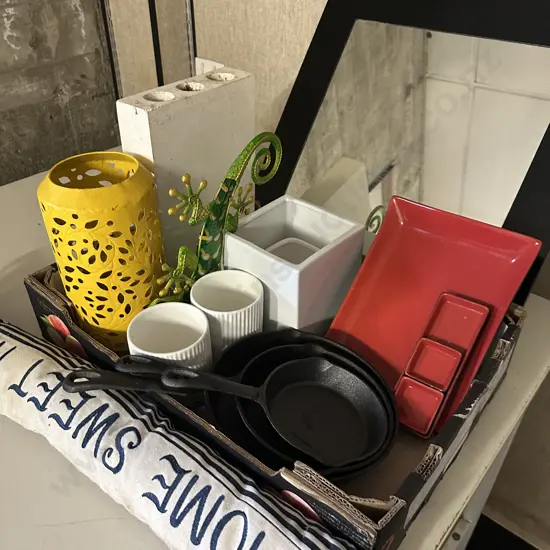 Box Lot Wall Art, Cast Iron Skillets, Mirror, Pots Etc