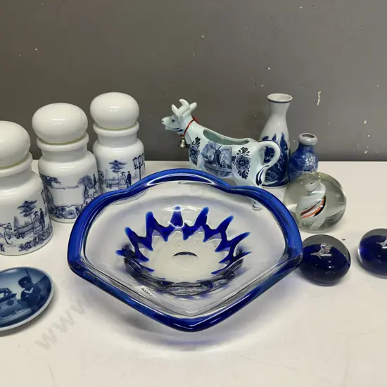 Blue & White Items Including Art Glass Bowl, Paper Weights, Cow Creamer Etc