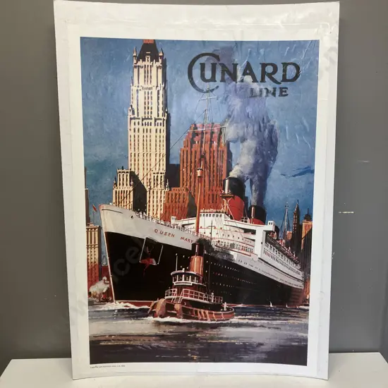 Vintage Travel Poster - Queen Mary Cunard Line Mounted On Card. 90 x 64cm