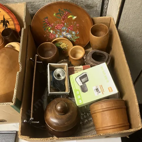 Assorted Wooden Ware, Glass Items, Lidded Canisters, Flash, Blood Pressure Monitor Etc