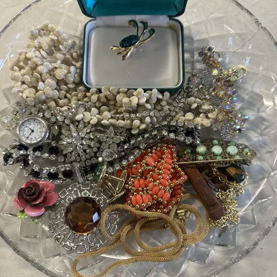Selection Of Costume Jewellery Including Paua Mosaic Brooch Etc