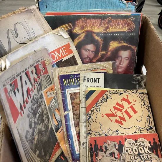 Box Of Assorted Lps, War Mags Etc