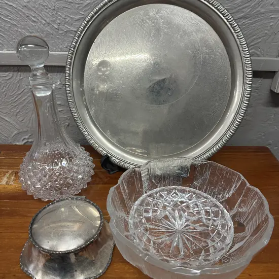 Crystal & Silverware Items Including Round Serving Platter, Bowls Etc