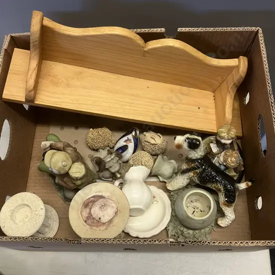 Box Lot Ornaments, Wood Shelf Etc