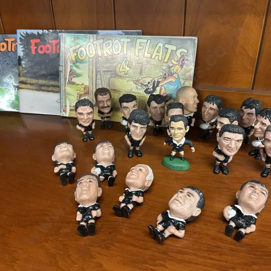 Selection Of Vintage All Black Rugby Figurines & Footroot Flats Books