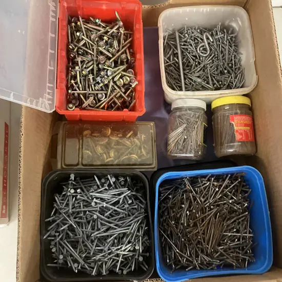 Box Lot Assorted Nails, Tek Screws, Roofing Nails