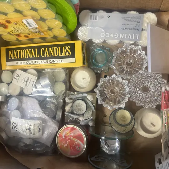 Assorted Candles, Holders Etc