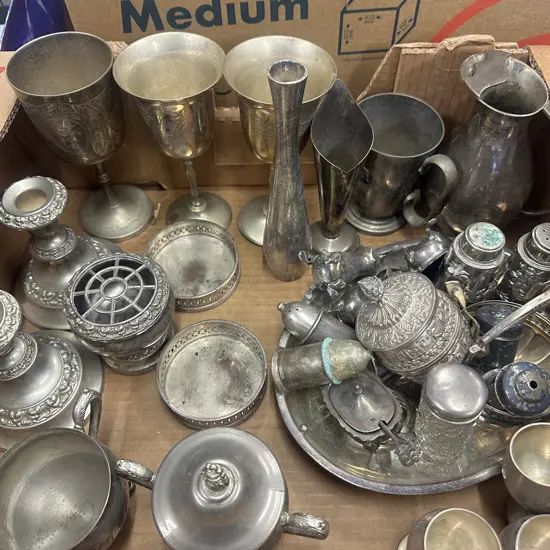 Assorted Silverware Items Including Goblets, Candle Holders Etc