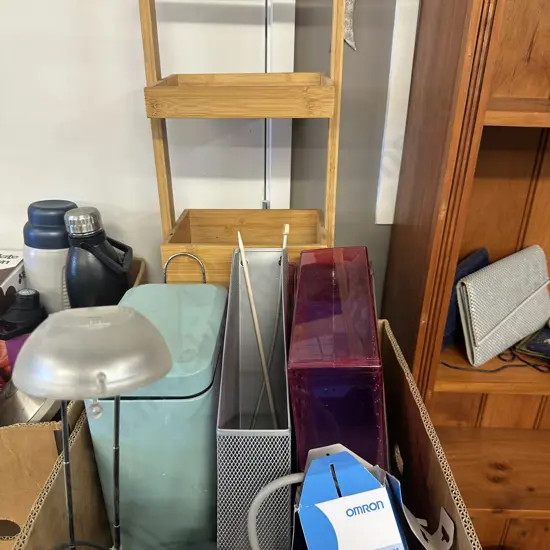 Rubbish Bin, Wooden 3 Tier Shelf Unit, Desk Lamp, Uniden Phone Etc