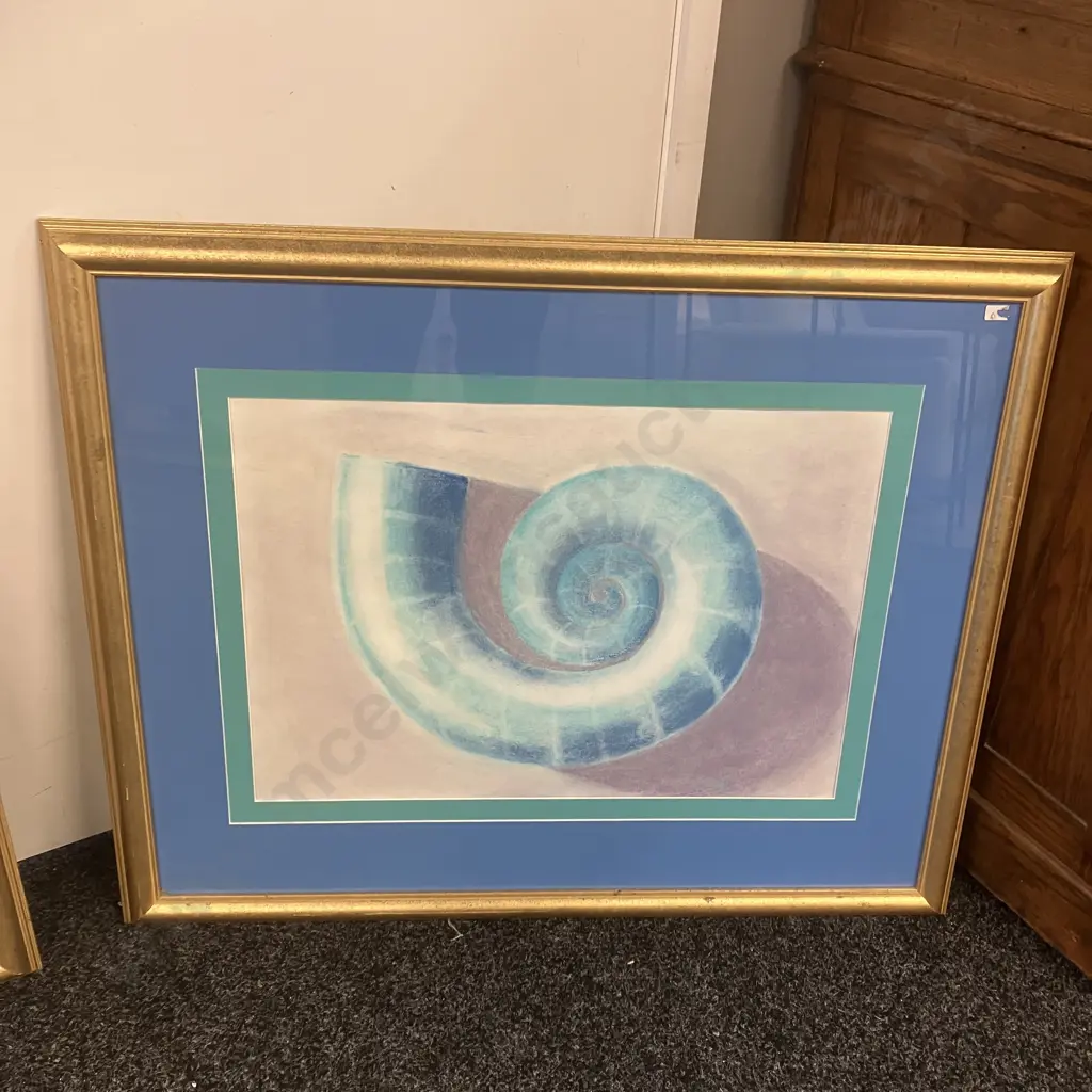 Pair of Gilt Framed Artworks 'Nautilus Shell' & 'Sea Shell' H71,W86.5cm. Image 1++